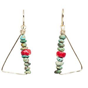 Handmade Red Bamboo Coral Gemstone Gold Tone Triangle Geometric Boho Earrings